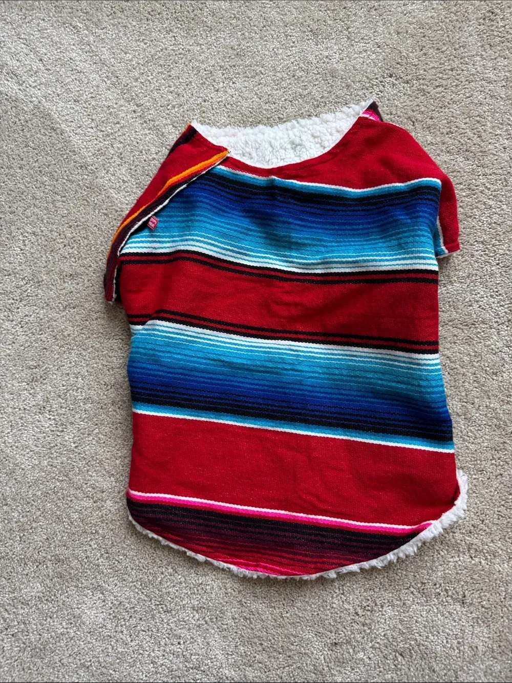 Striped multi-colored Serape Dog Coat with Sherpa Trim